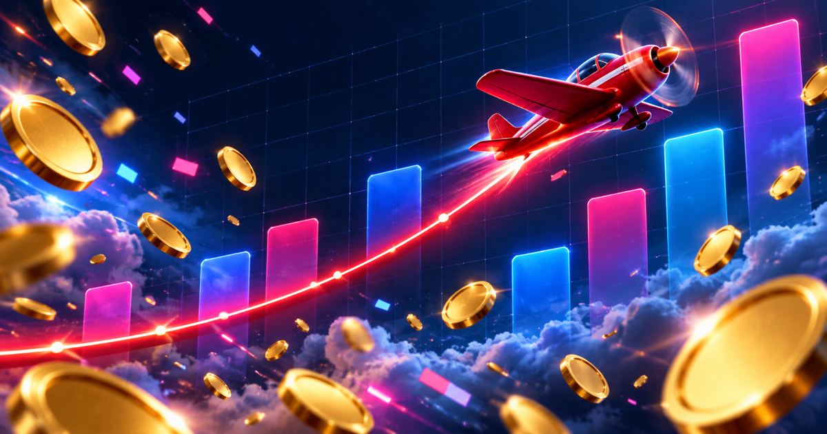 Avión rojo trazando una curva ascendente sobre un fondo oscuro con números de multiplicador